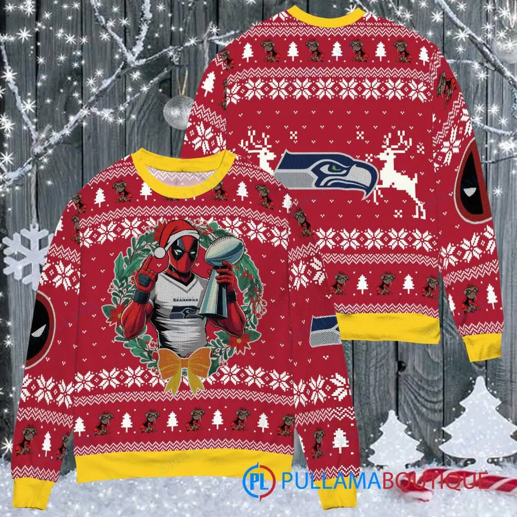 Seattle seahawks NFL Deadpool with Super Bowl Trophy Ugly Christmas Sweater FUL1085