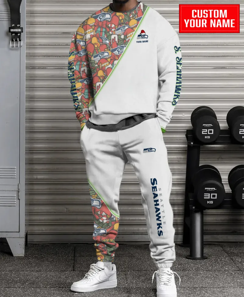 Seattle seahawks Personalized NFL Christmas Pattern Unisex Combo Sweater And Sweatpants - White CHS1095