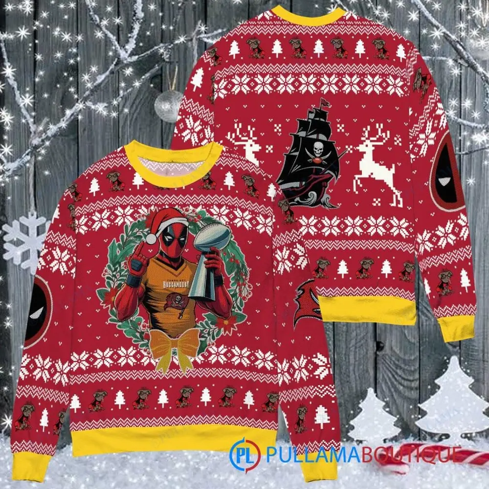 Tampa Bay Buccaneers NFL Deadpool with Super Bowl Trophy Ugly Christmas Sweater FUL1086