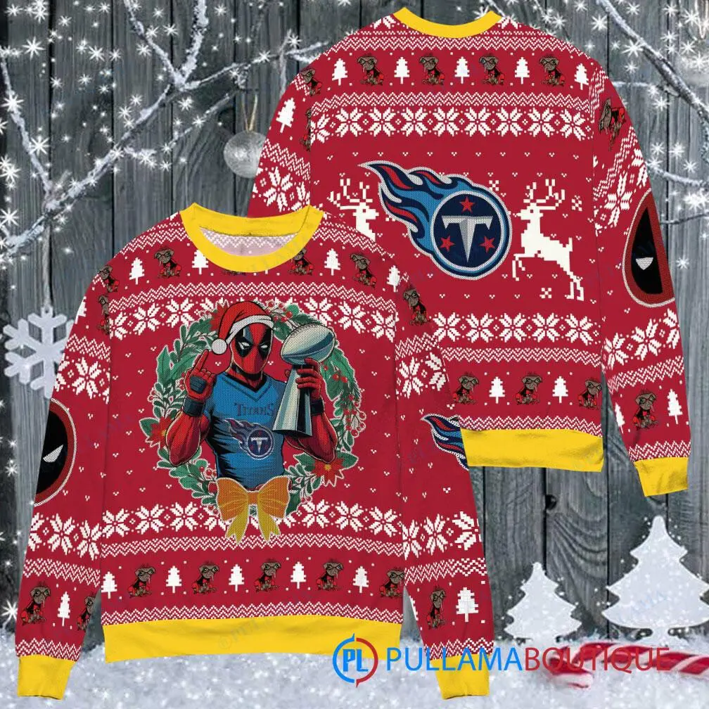 Tennessee Titans NFL Deadpool with Super Bowl Trophy Ugly Christmas Sweater FUL1087