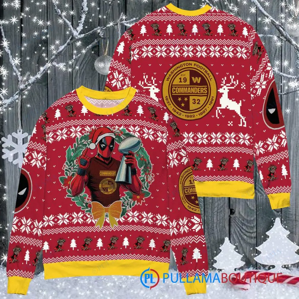 Washington Commanders NFL Deadpool with Super Bowl Trophy Ugly Christmas Sweater FUL1088