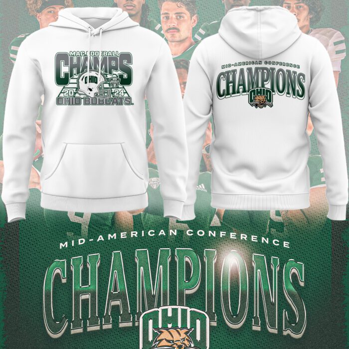 2024 Mac Champions Ohio Bobcats Football White Hoodie BHD6139