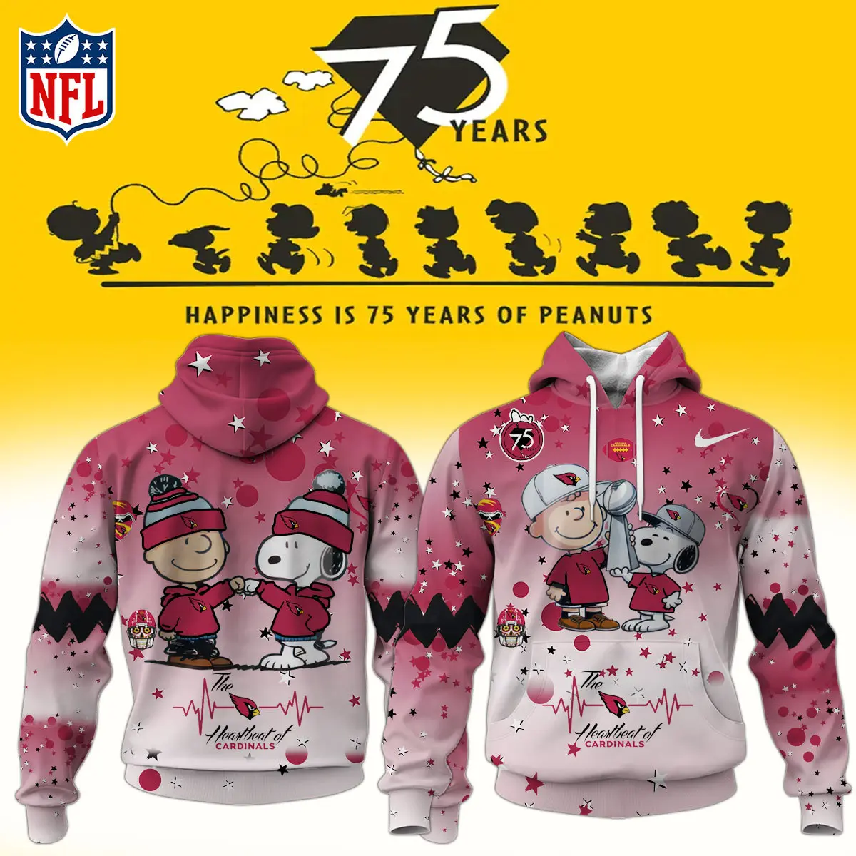 Arizona Cardinals NFL Snoopy and Charlie Brown Peanuts 75th Anniversary Unisex Hoodie