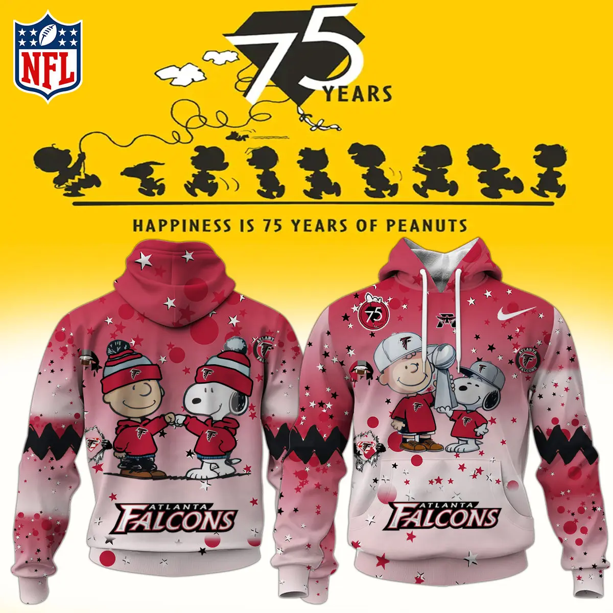 Atlanta Falcons NFL Snoopy and Charlie Brown Peanuts 75th Anniversary Unisex Hoodie