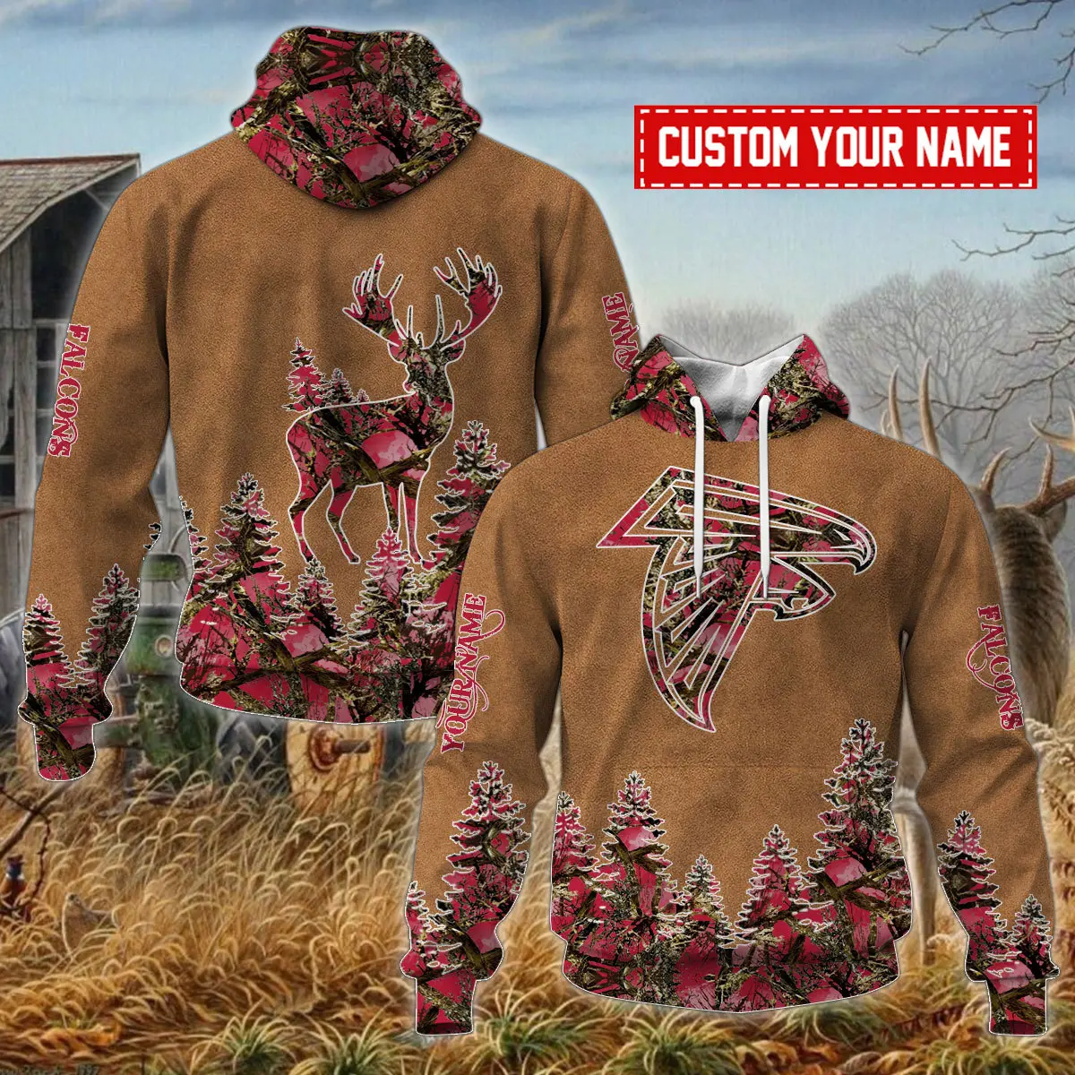 Atlanta Falcons Personalized NFL X Camo Hunting Brown Unisex Hoodie 2024/25 Team Color WHD5089