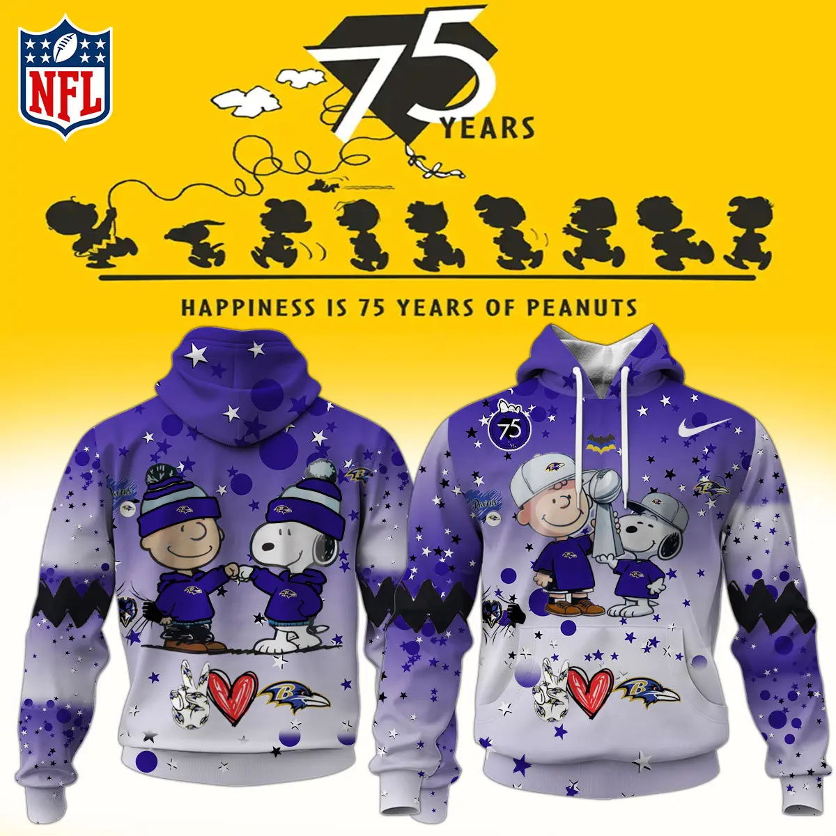 Baltimore Ravens NFL Snoopy and Charlie Brown Peanuts 75th Anniversary Unisex Hoodie