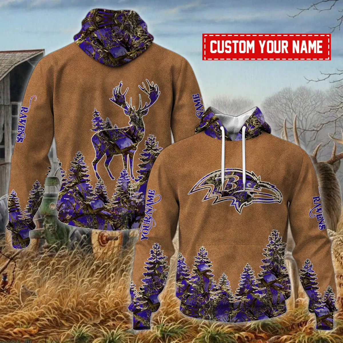 Baltimore Ravens Personalized NFL X Camo Hunting Brown Unisex Hoodie 2024/25 Team Color WHD5088