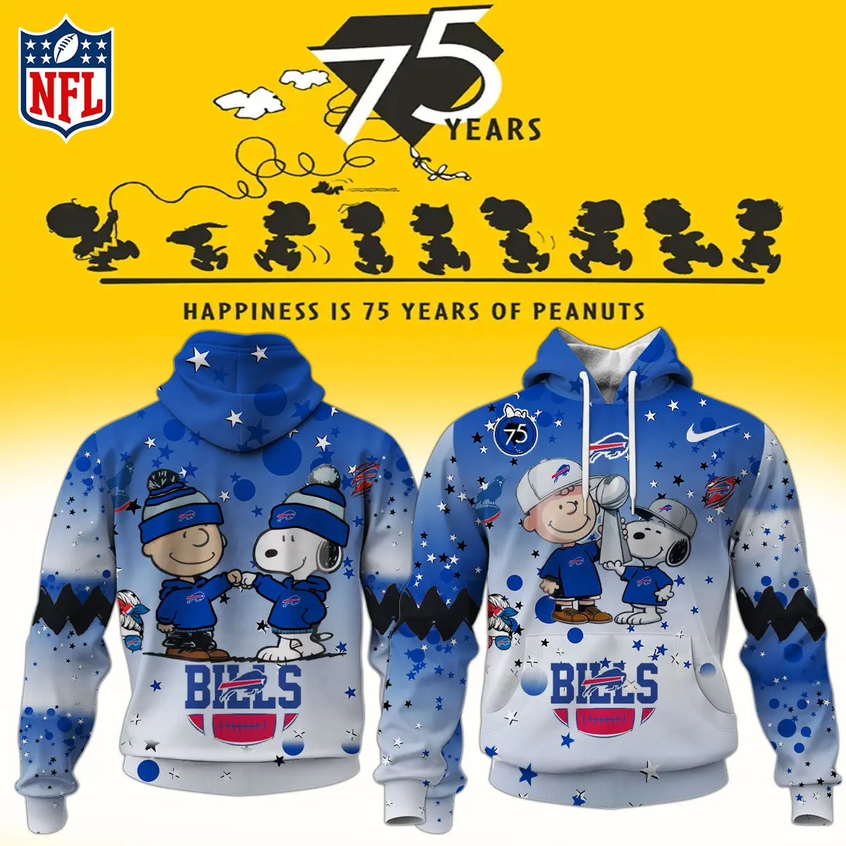 Buffalo Bills NFL Snoopy and Charlie Brown Peanuts 75th Anniversary Unisex Hoodie