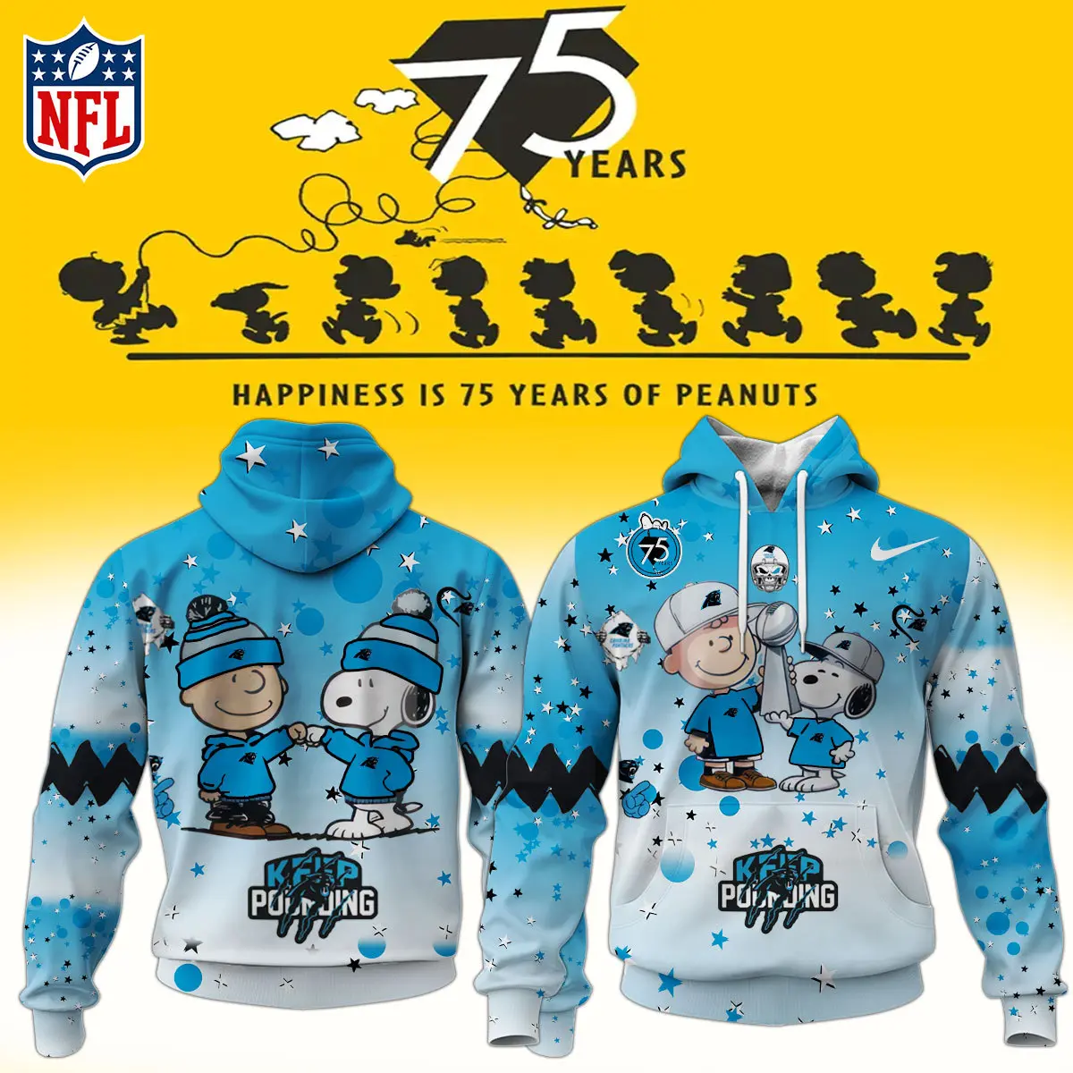 Carolina Panthers NFL Snoopy and Charlie Brown Peanuts 75th Anniversary Unisex Hoodie