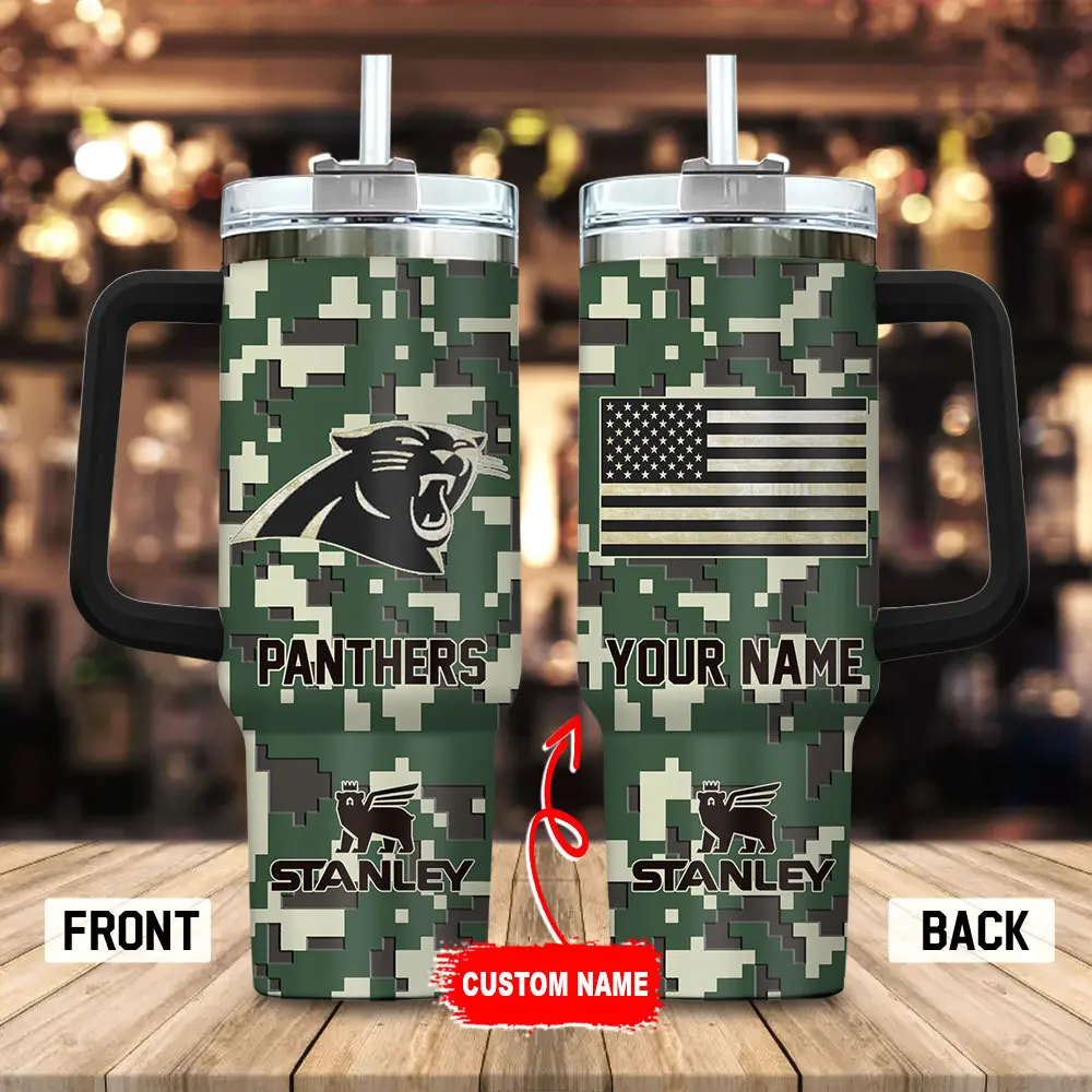 Carolina Panthers Personalized NFL Camo Military Green Pattern Stanley Tumbler 40Oz