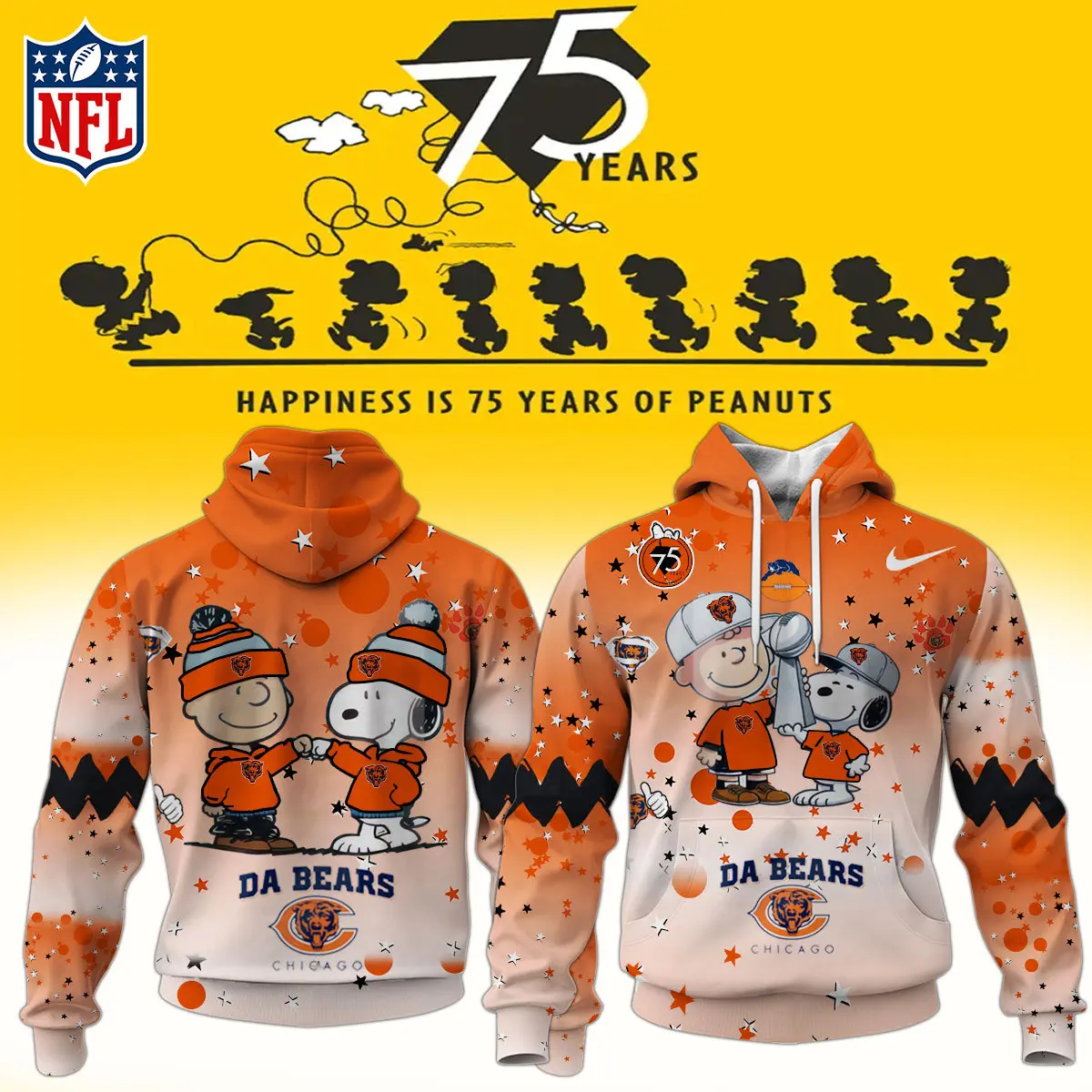 Chicago Bears NFL Snoopy and Charlie Brown Peanuts 75th Anniversary Unisex Hoodie