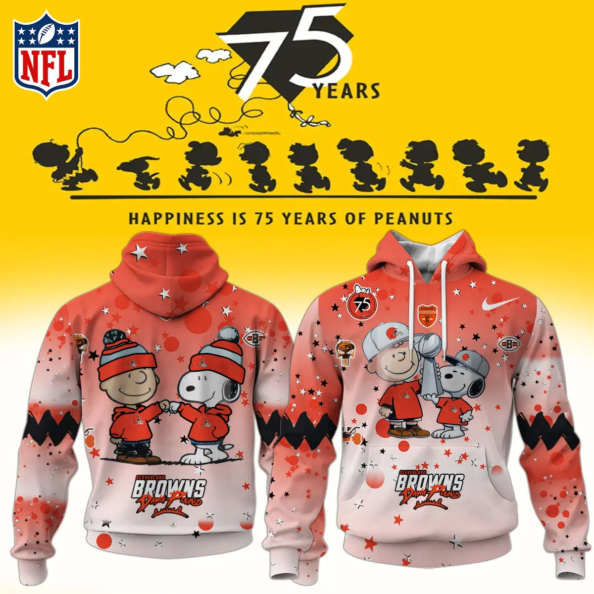 Cleveland Browns NFL Snoopy and Charlie Brown Peanuts 75th Anniversary Unisex Hoodie