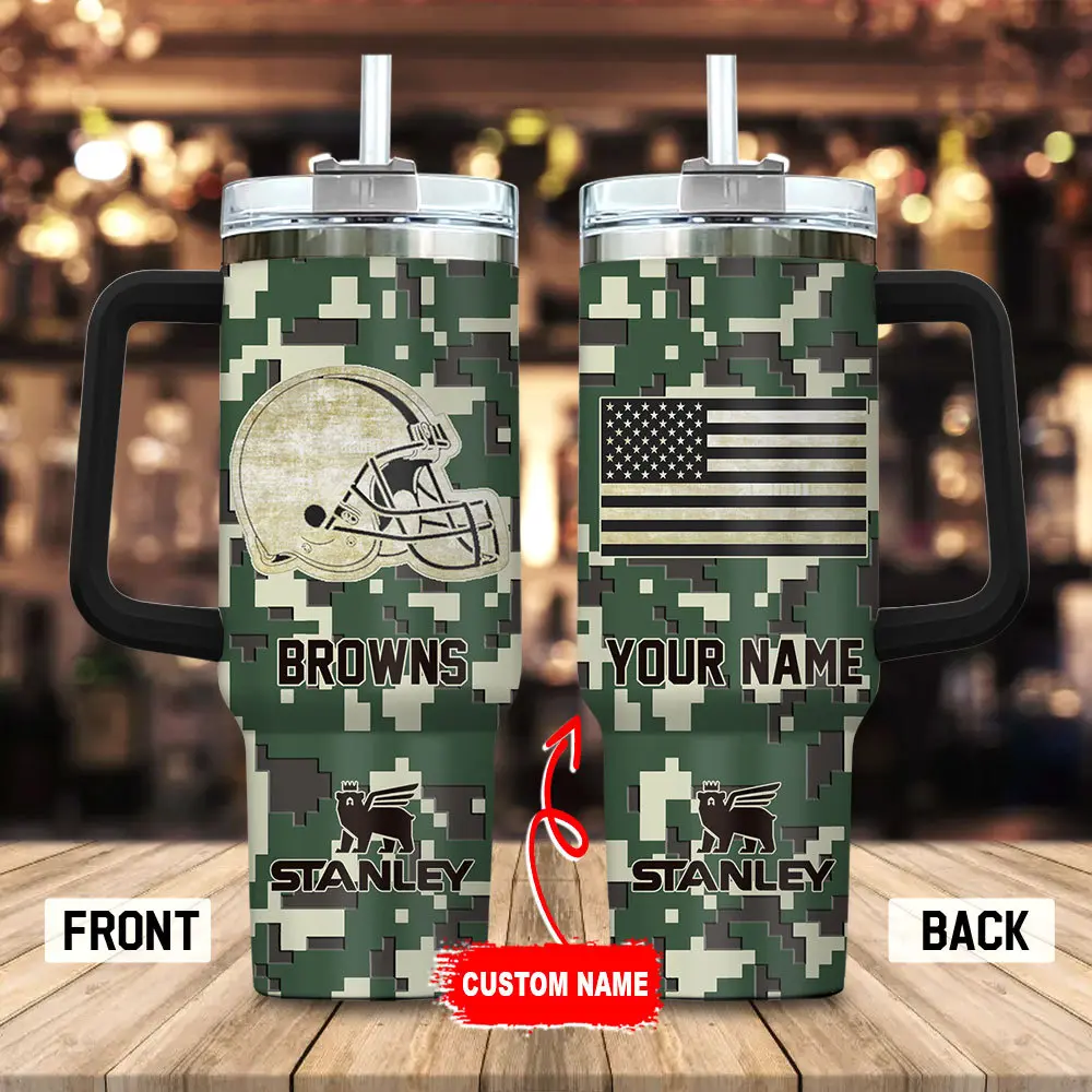 Cleveland Browns Personalized NFL Camo Military Green Pattern Stanley Tumbler 40Oz