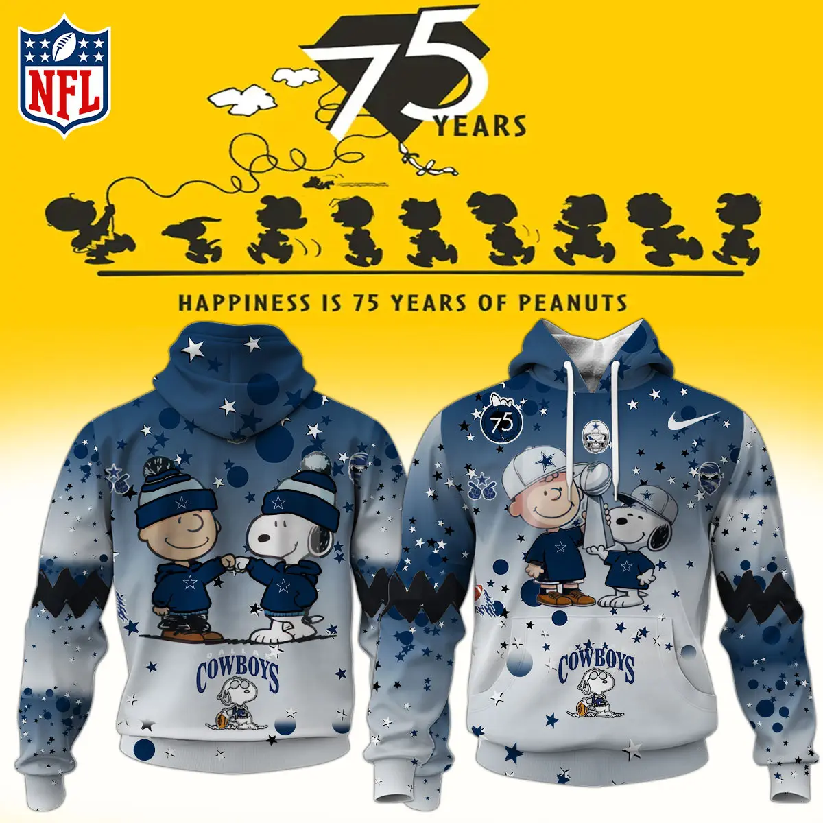 Dallas Cowboys NFL Snoopy and Charlie Brown Peanuts 75th Anniversary Unisex Hoodie