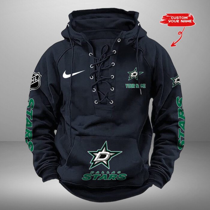 Dallas Stars NHL Swoosh Hooded Lace Up Retro Vintage Hoodie Custom Name