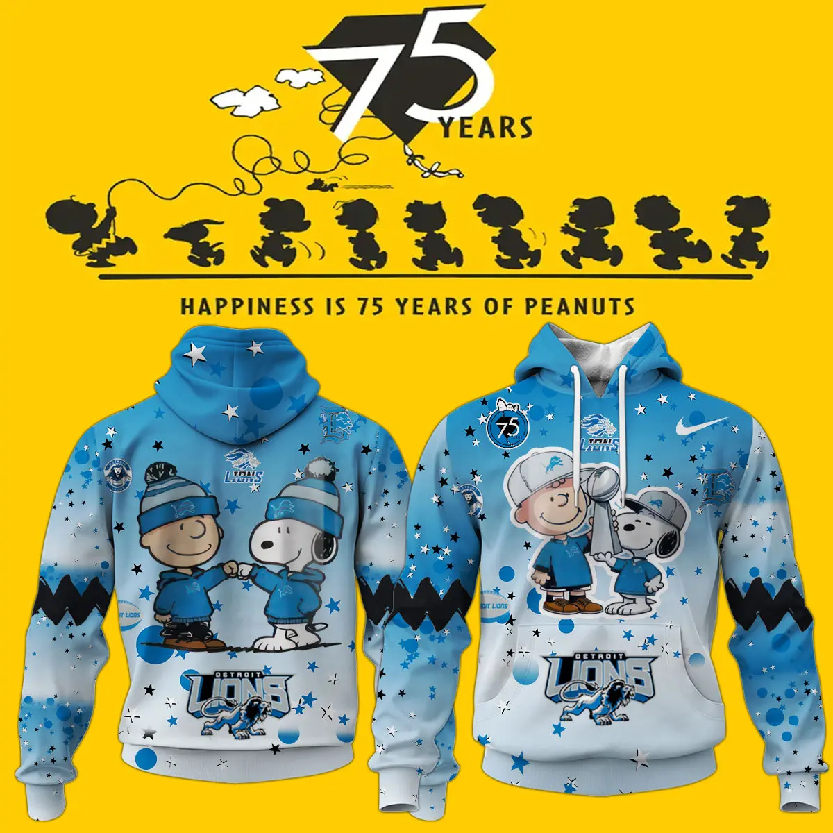 Detroit Lions NFL Snoopy and Charlie Brown Peanuts 75th Anniversary Unisex Hoodie