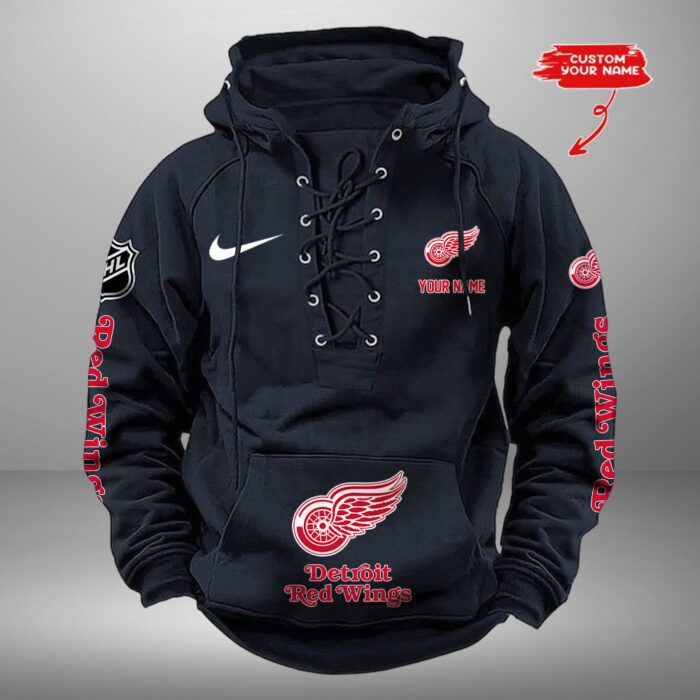 Detroit Red Wings NHL Swoosh Hooded Lace Up Retro Vintage Hoodie Custom Name