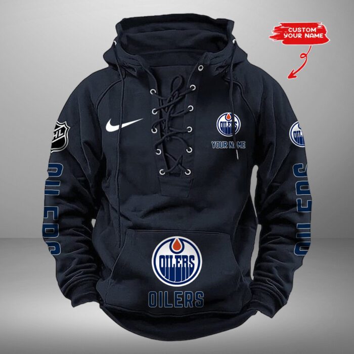 Edmonton Oilers NHL Swoosh Hooded Lace Up Retro Vintage Hoodie Custom Name