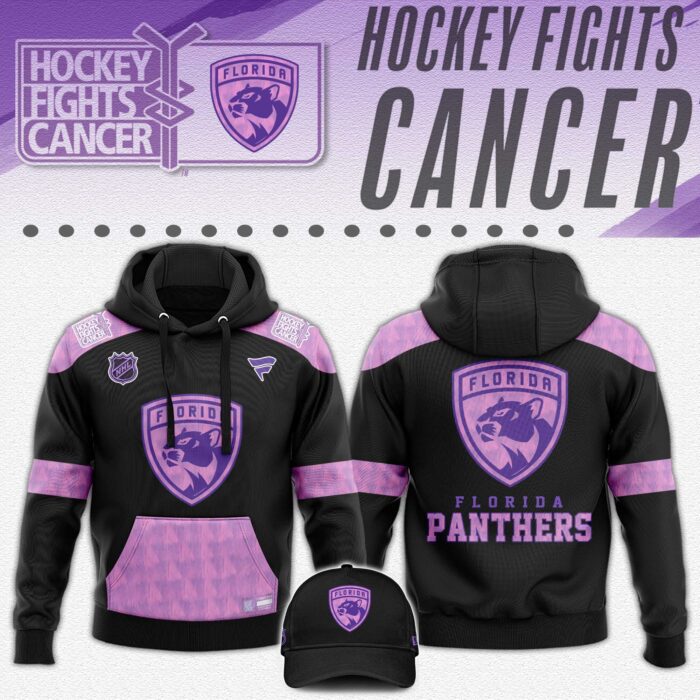 Florida Panthers x Hockey Fights Cancer Black Unisex Hoodie Cap Joggers Set 2024/25 HCJ1360