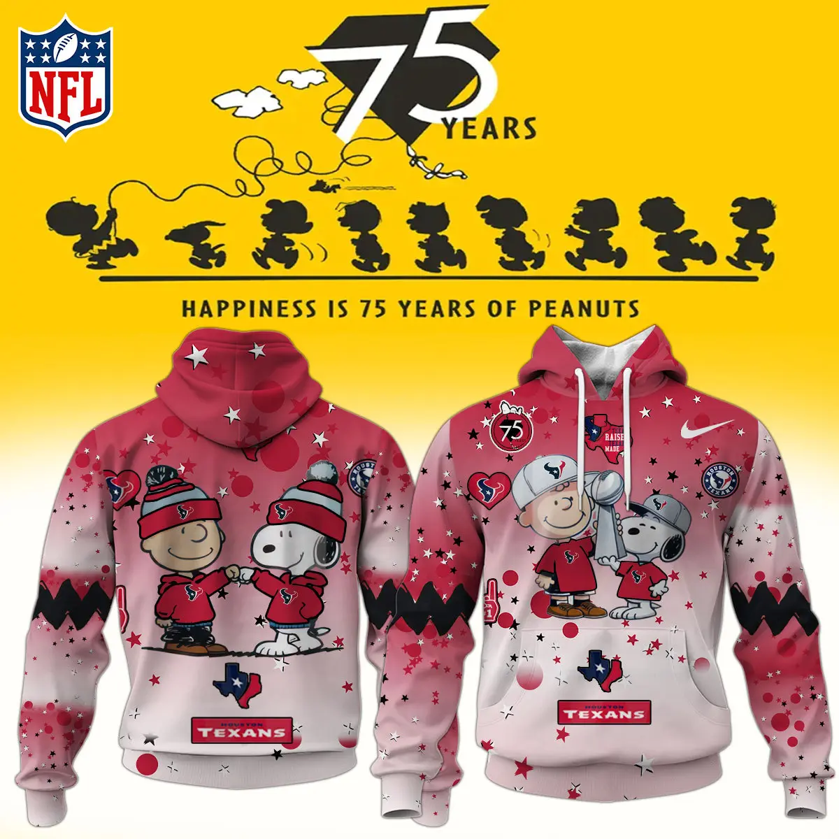 Houston Texans NFL Snoopy and Charlie Brown Peanuts 75th Anniversary Unisex Hoodie