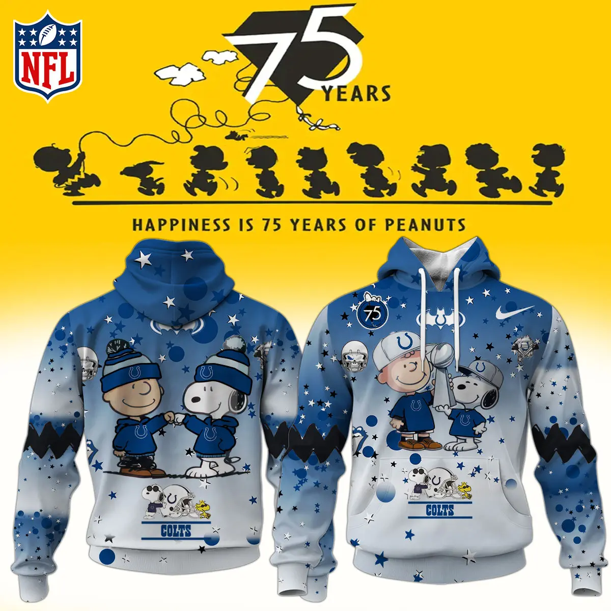 Indianapolis Colts NFL Snoopy and Charlie Brown Peanuts 75th Anniversary Unisex Hoodie