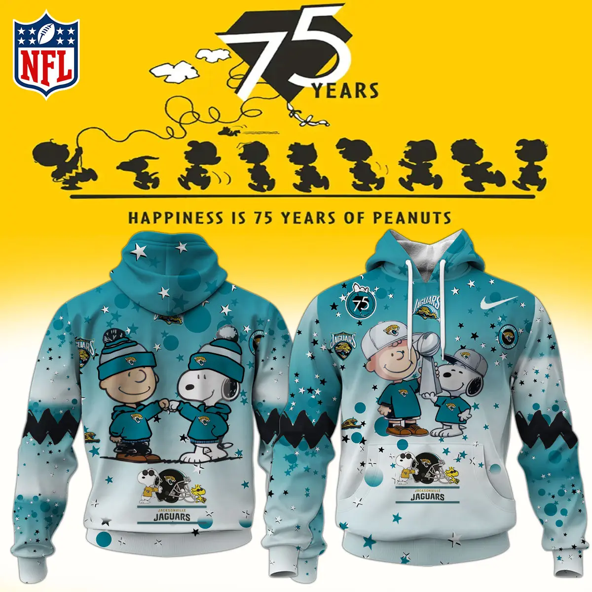 Jacksonville Jaguars NFL Snoopy and Charlie Brown Peanuts 75th Anniversary Unisex Hoodie