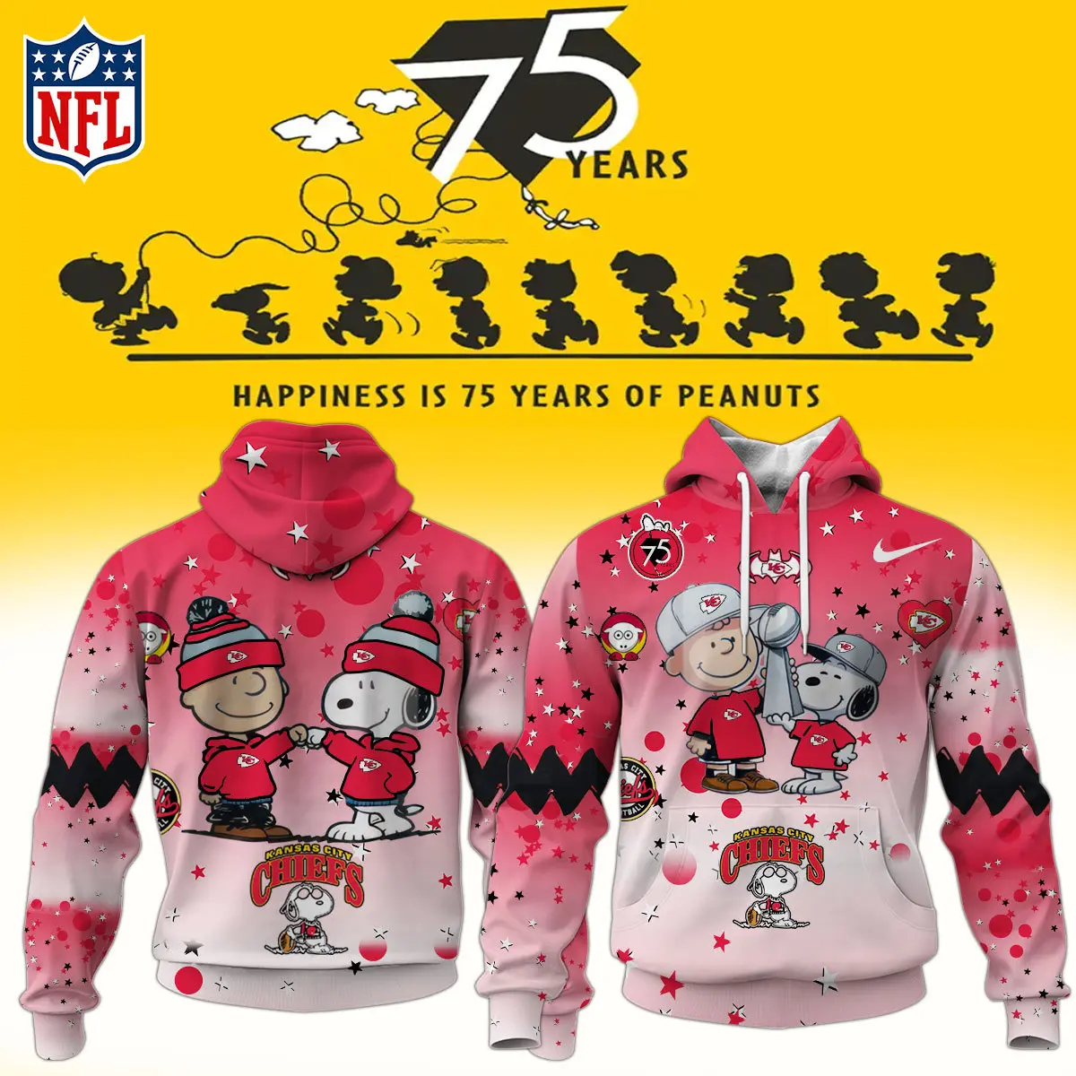 Kansas City Chiefs NFL Snoopy and Charlie Brown Peanuts 75th Anniversary Unisex Hoodie