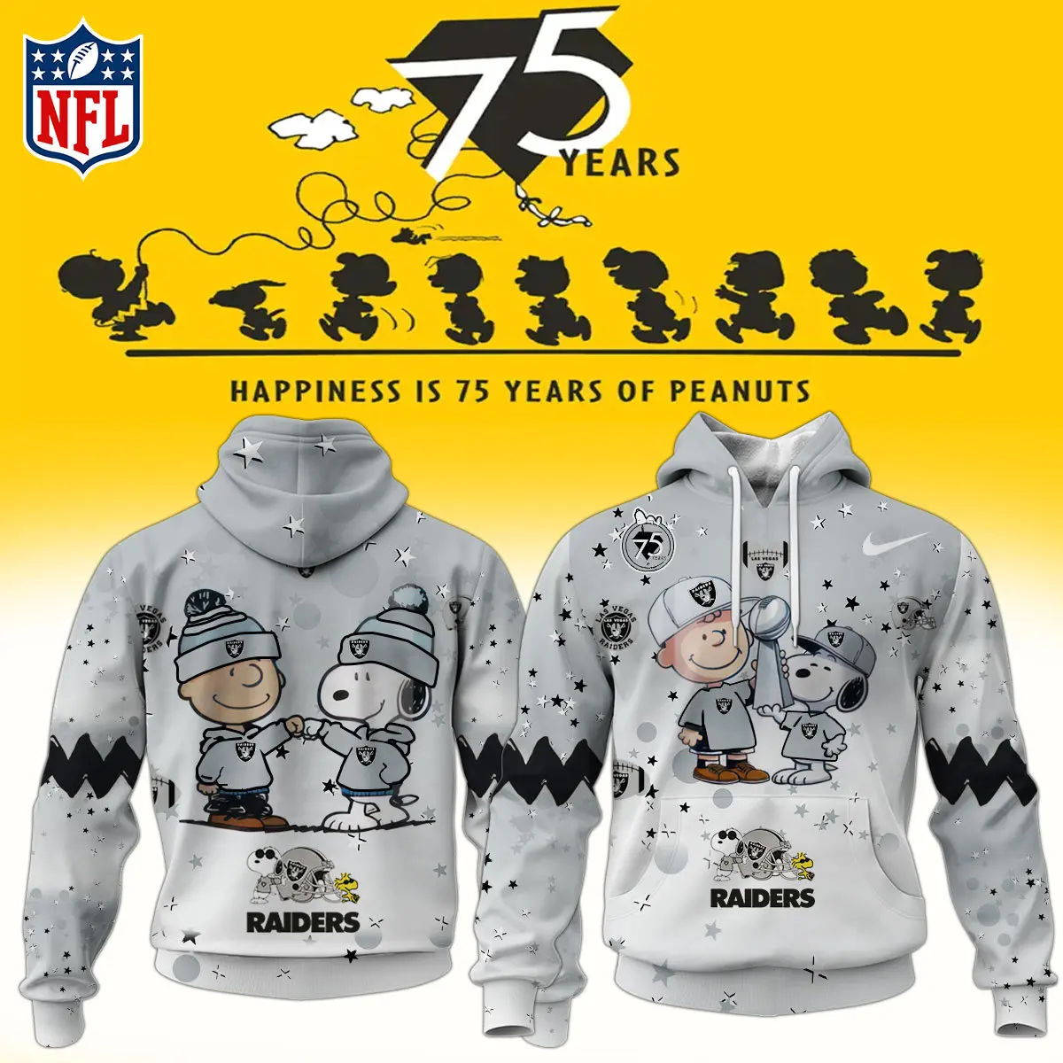 Las Vegas Raiders NFL Snoopy and Charlie Brown Peanuts 75th Anniversary Unisex Hoodie