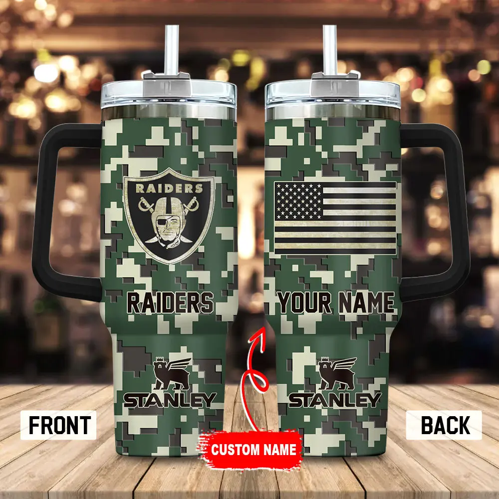 Las Vegas Raiders Personalized NFL Camo Military Green Pattern Stanley Tumbler 40Oz