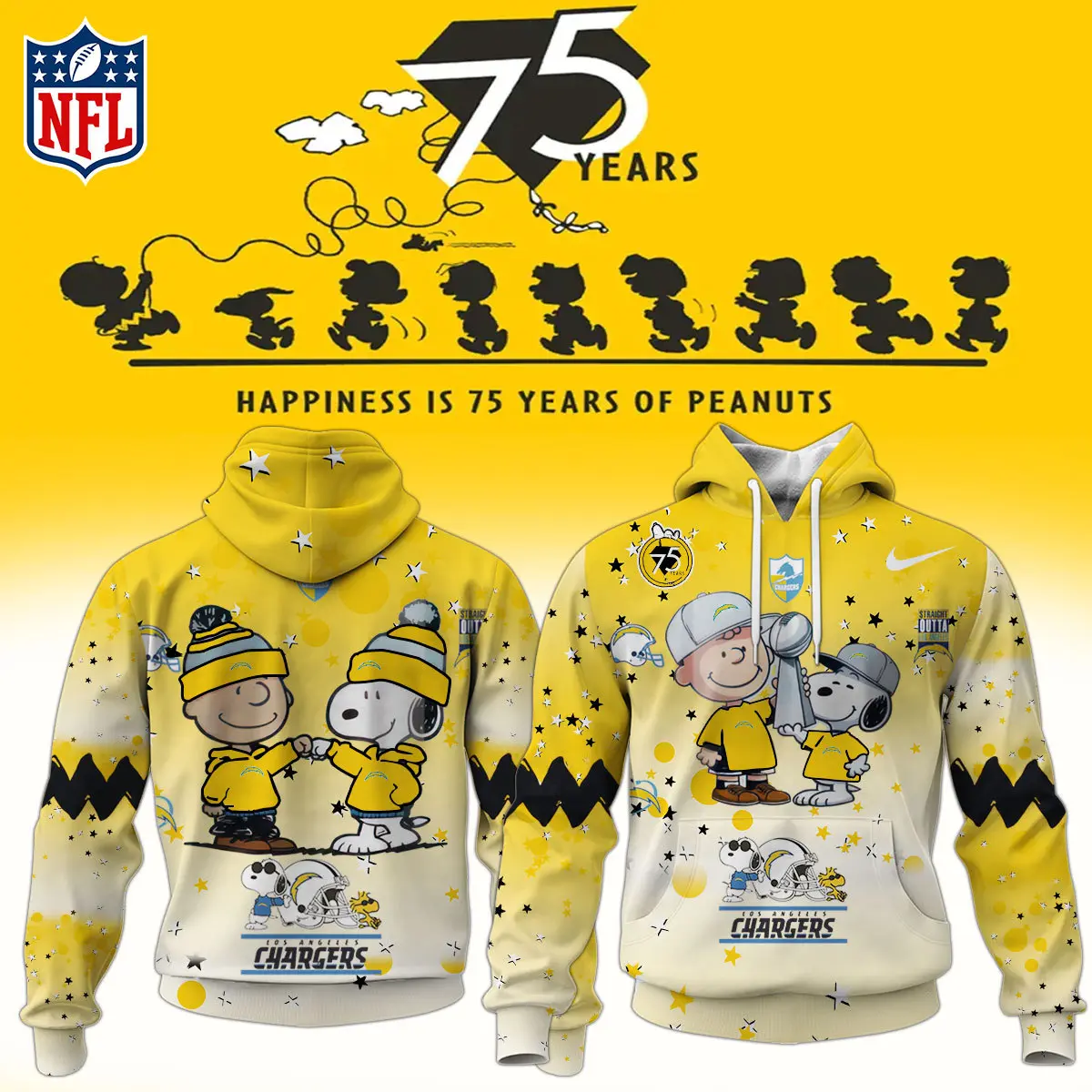 Los Angeles Chargers NFL Snoopy and Charlie Brown Peanuts 75th Anniversary Unisex Hoodie