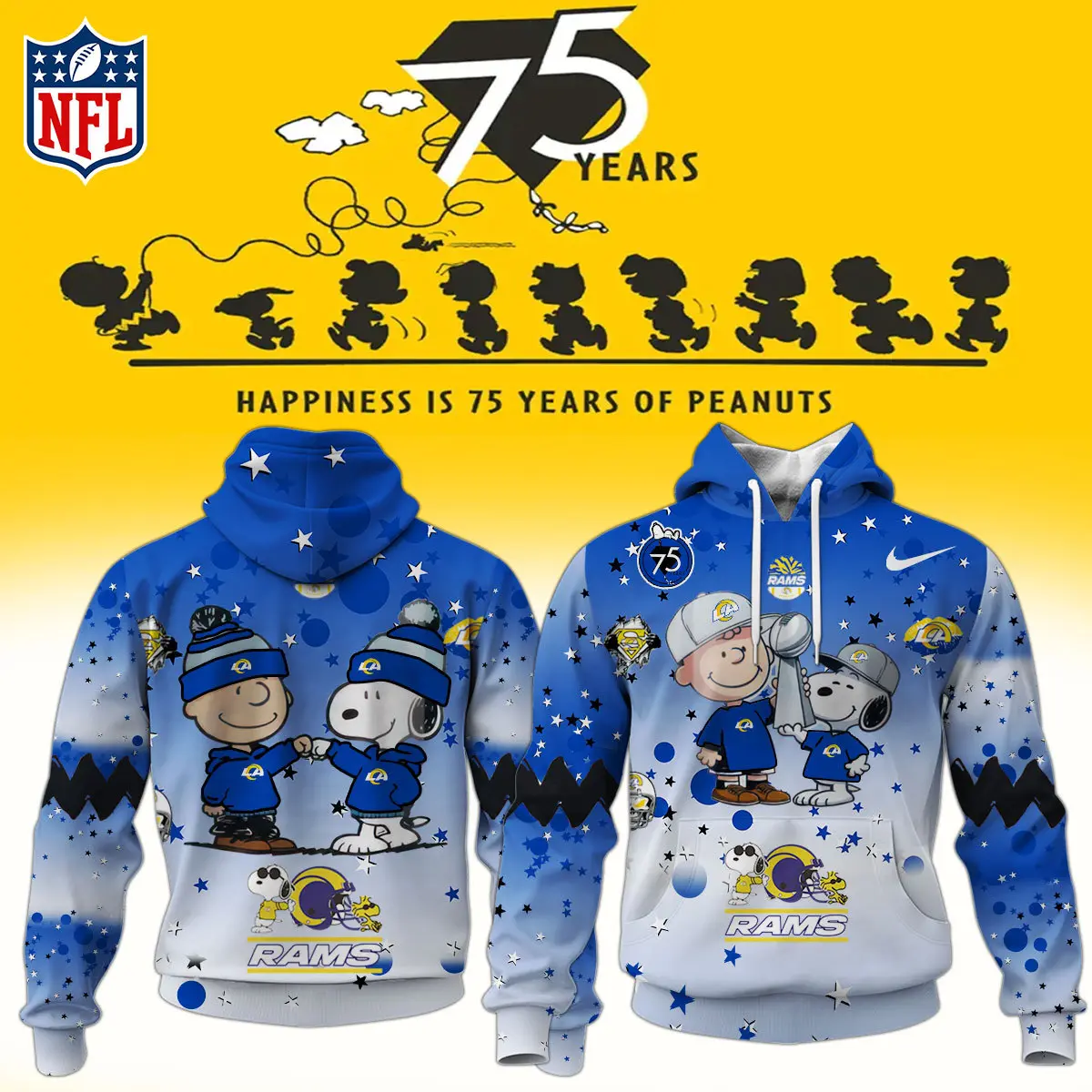 Los Angeles Rams NFL Snoopy and Charlie Brown Peanuts 75th Anniversary Unisex Hoodie