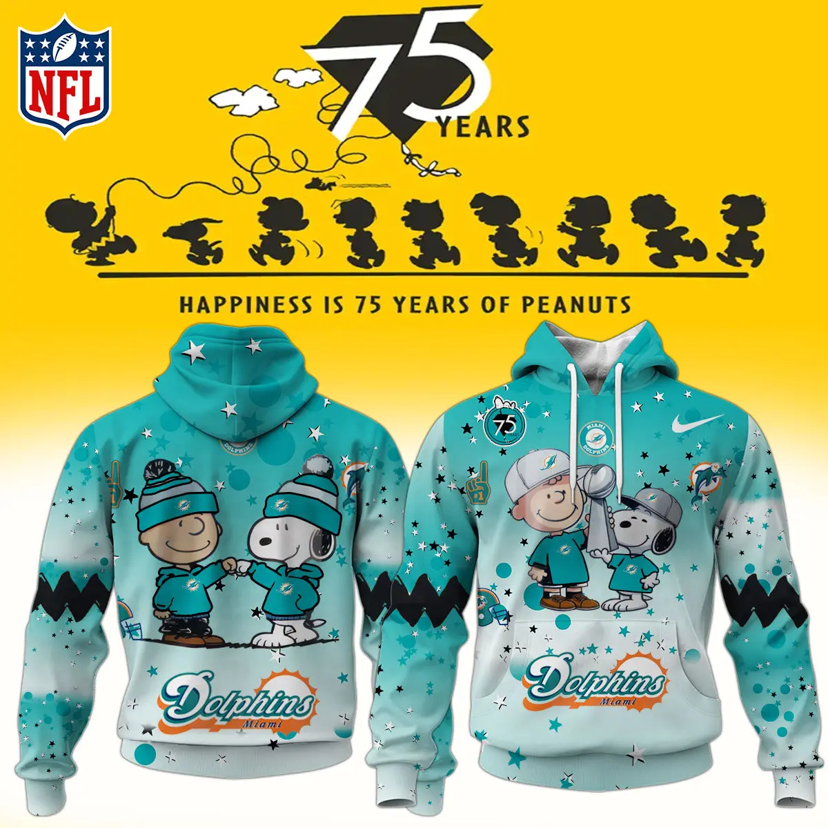 Miami Dolphins NFL Snoopy and Charlie Brown Peanuts 75th Anniversary Unisex Hoodie