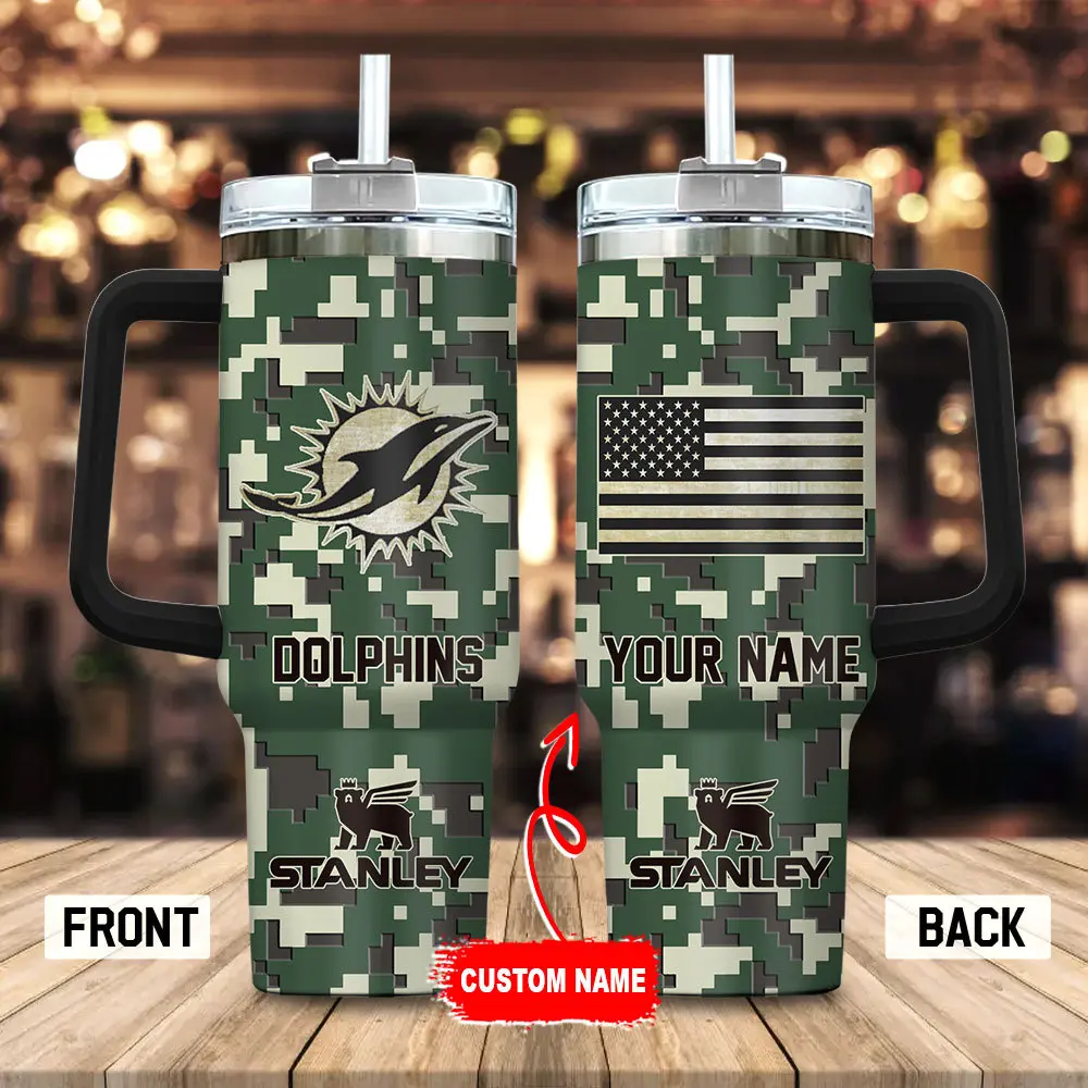 Miami Dolphins Personalized NFL Camo Military Green Pattern Stanley Tumbler 40Oz