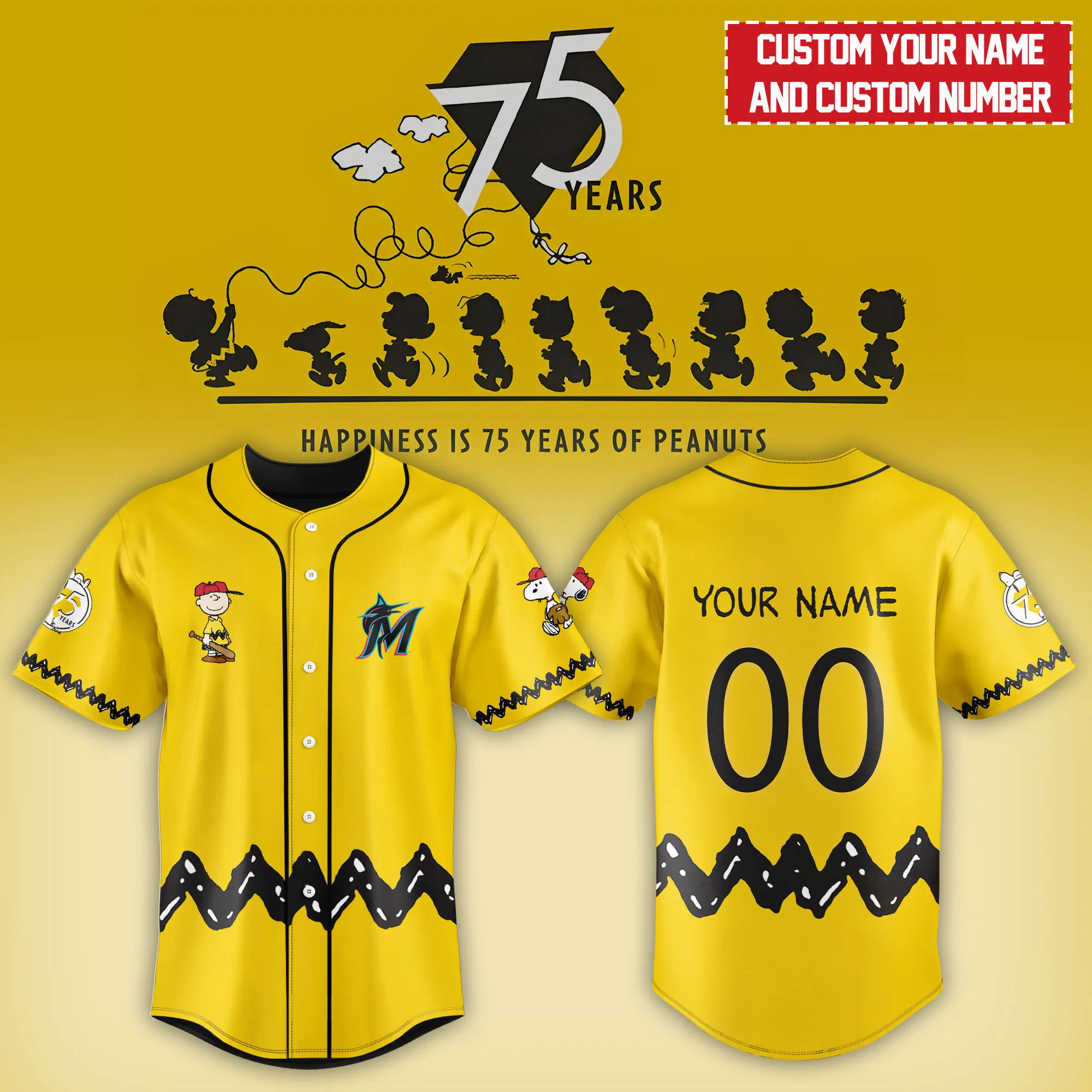 Miami Marlins MLB X Snoopy Peanuts' 75th Anniversary Baseball Jersey