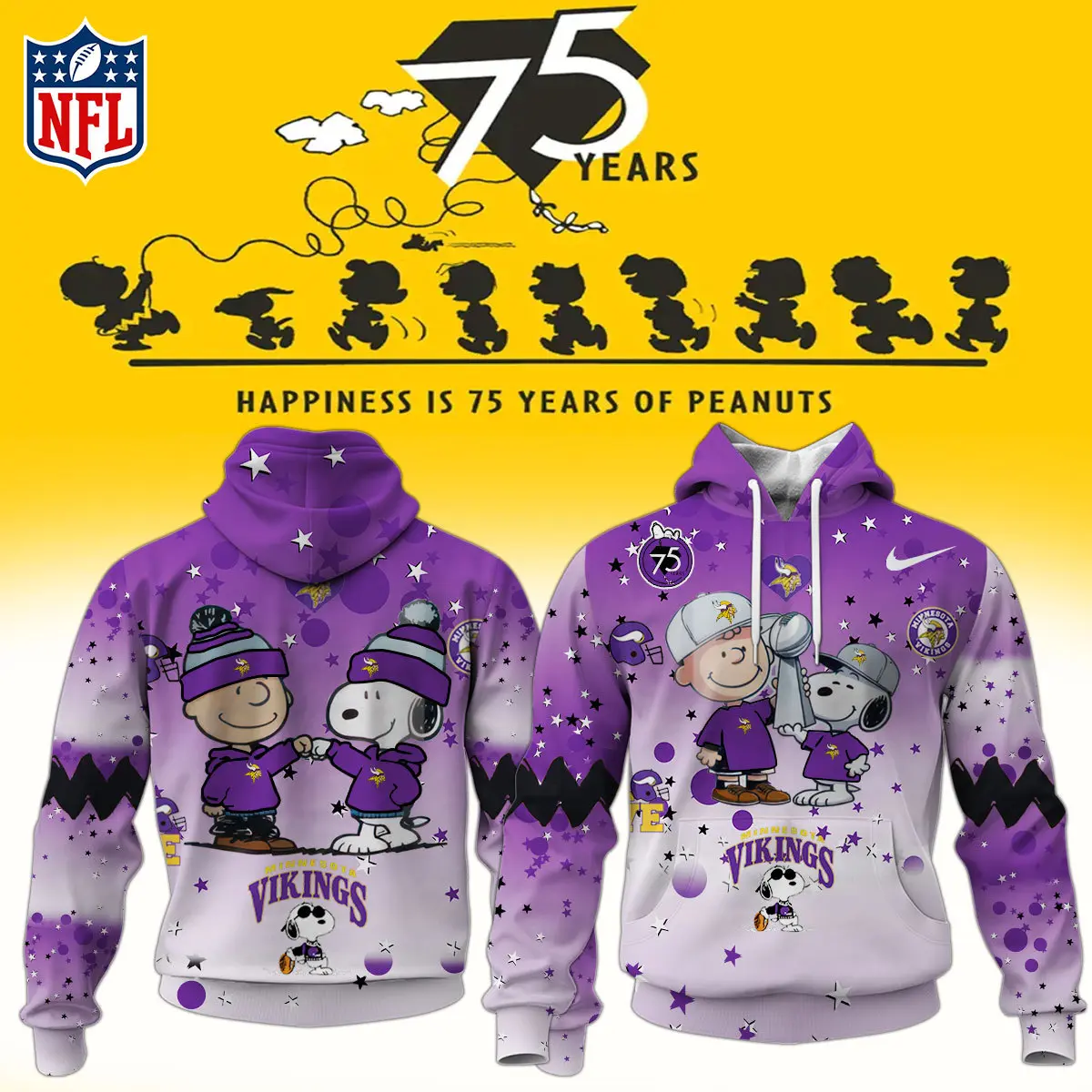 Minnesota Vikings NFL Snoopy and Charlie Brown Peanuts 75th Anniversary Unisex Hoodie