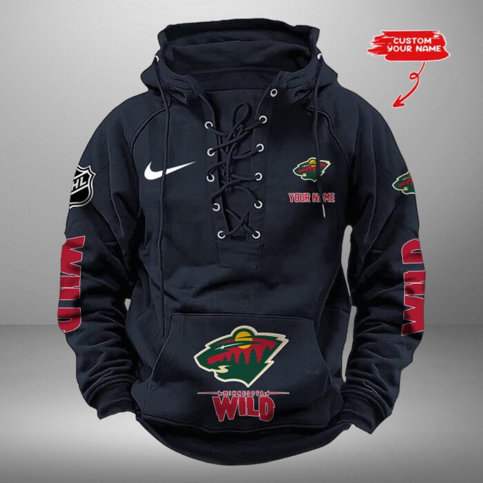 Minnesota Wild NHL Swoosh Hooded Lace Up Retro Vintage Hoodie Custom Name