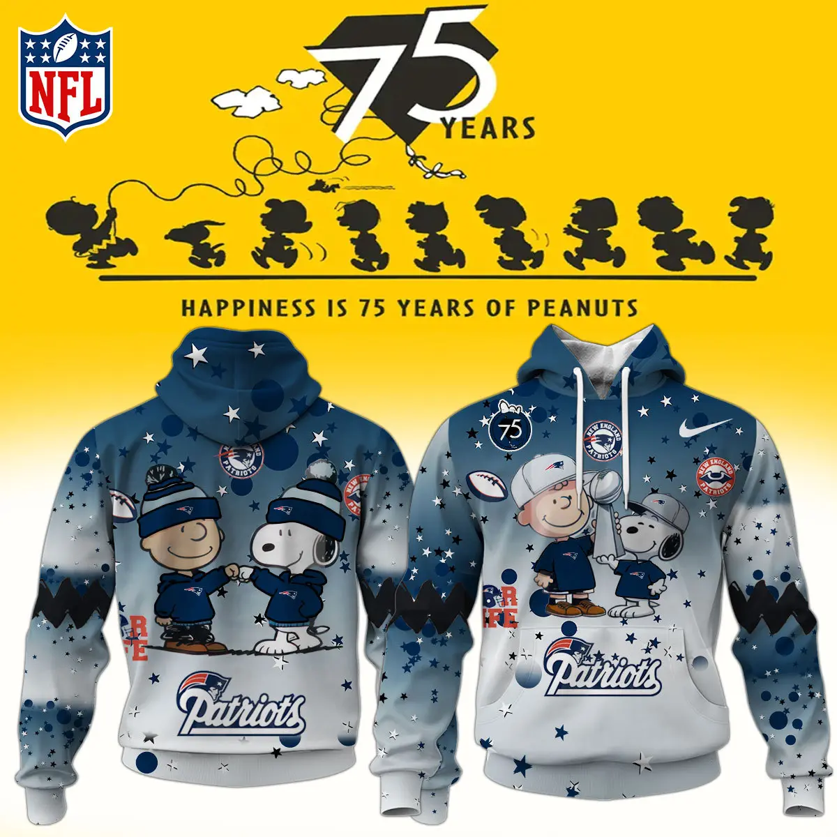 New England Patriots NFL Snoopy and Charlie Brown Peanuts 75th Anniversary Unisex Hoodie