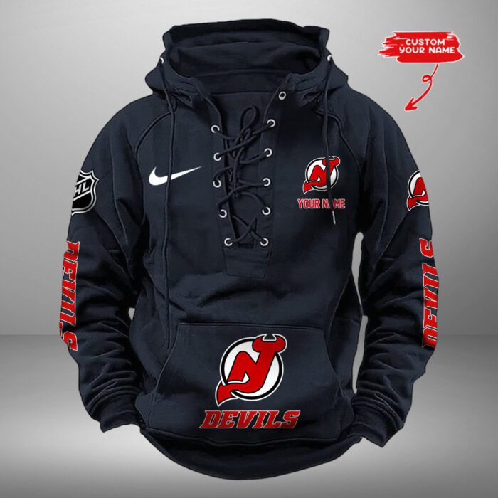 New Jersey Devils NHL Swoosh Hooded Lace Up Retro Vintage Hoodie Custom Name