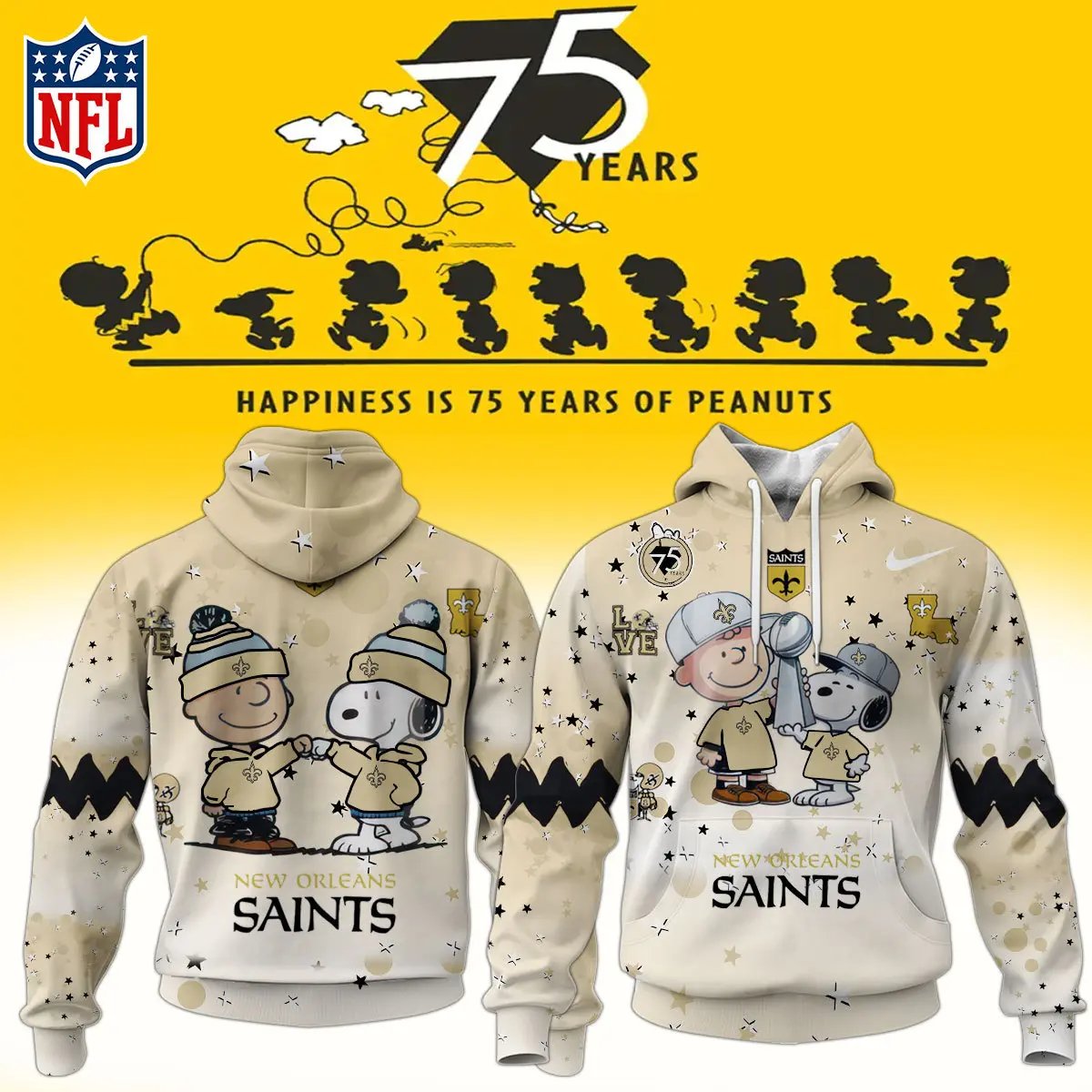 New Orleans Saints NFL Snoopy and Charlie Brown Peanuts 75th Anniversary Unisex Hoodie