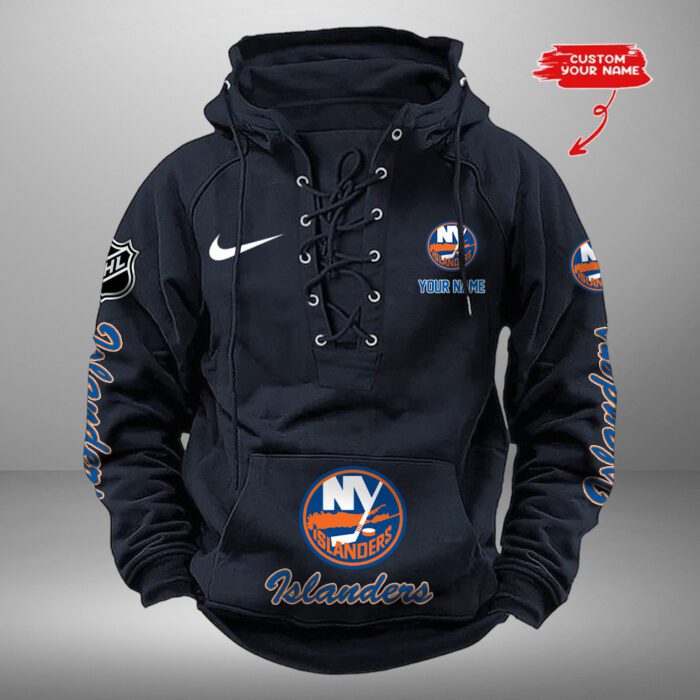 New York Islanders NHL Swoosh Hooded Lace Up Retro Vintage Hoodie Custom Name