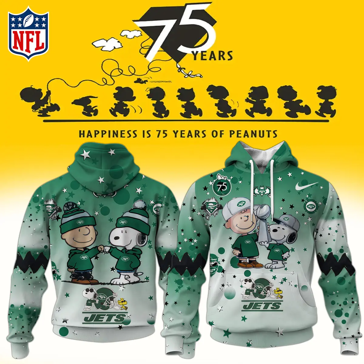 New York Jets NFL Snoopy and Charlie Brown Peanuts 75th Anniversary Unisex Hoodie