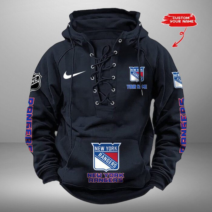 New York Rangers NHL Swoosh Hooded Lace Up Retro Vintage Hoodie Custom Name