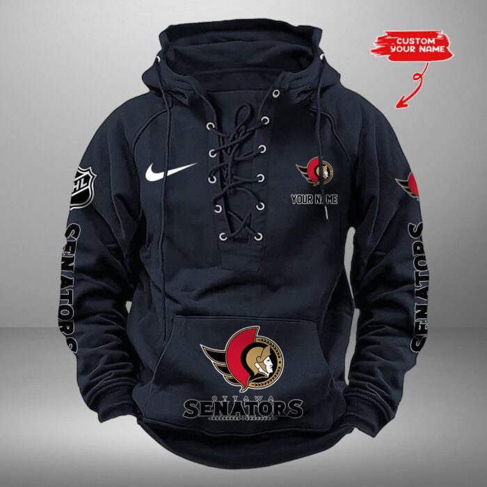 Ottawa Senators NHL Swoosh Hooded Lace Up Retro Vintage Hoodie Custom Name