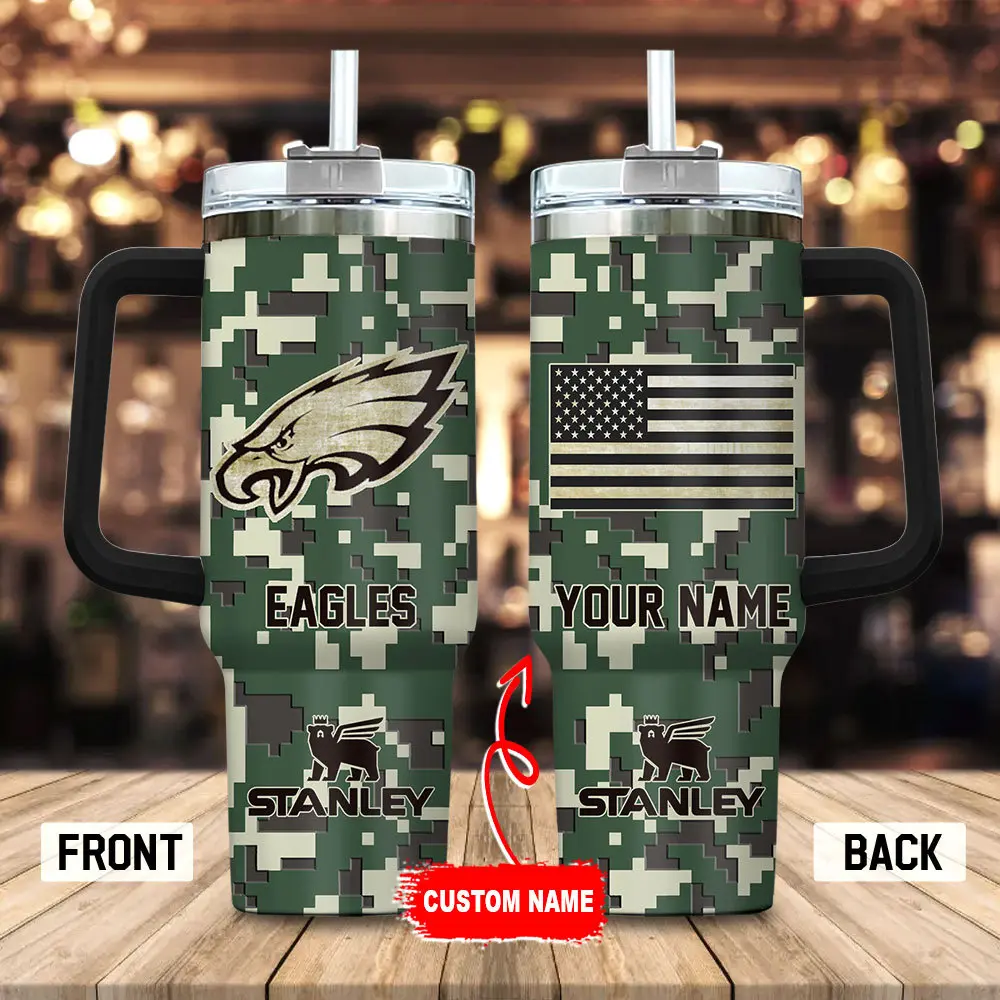 Philadelphia Eagles Personalized NFL Camo Military Green Pattern Stanley Tumbler 40Oz