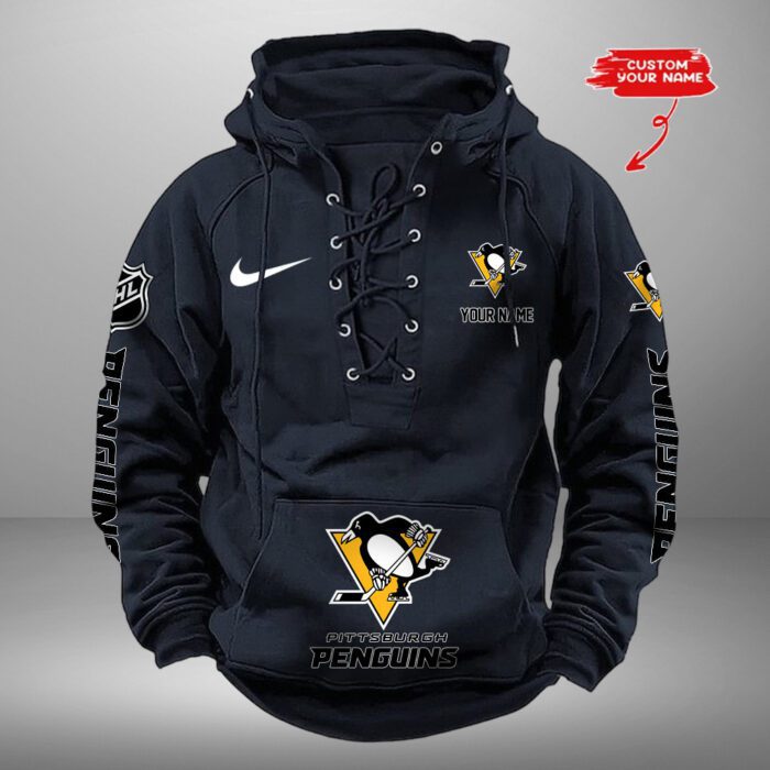 Pittsburgh Penguins NHL Swoosh Hooded Lace Up Retro Vintage Hoodie Custom Name