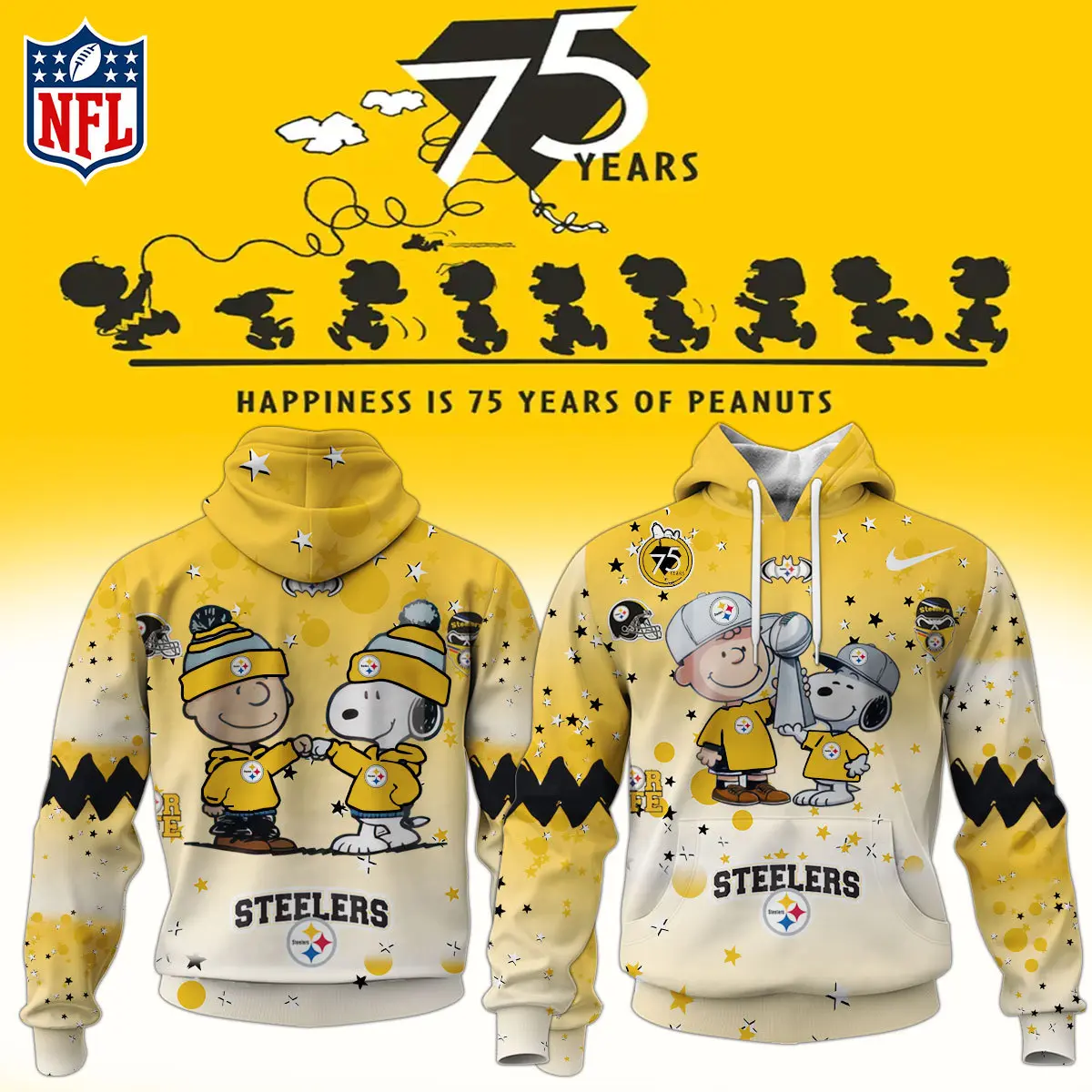 Pittsburgh Steelers NFL Snoopy and Charlie Brown Peanuts 75th Anniversary Unisex Hoodie