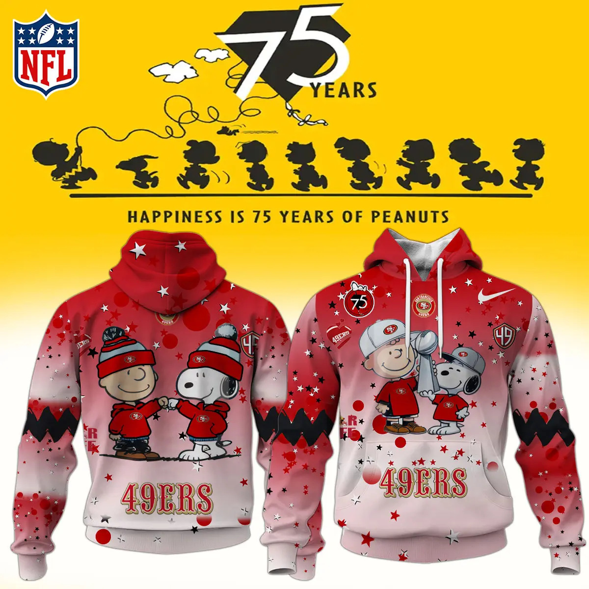 San Francisco 49ers NFL Snoopy and Charlie Brown Peanuts 75th Anniversary Unisex Hoodie