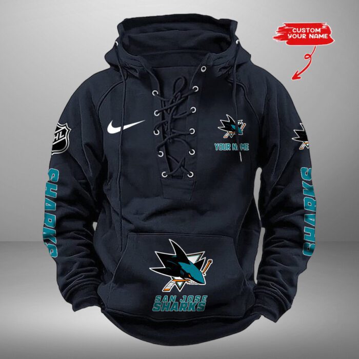 San Jose Sharks NHL Swoosh Hooded Lace Up Retro Vintage Hoodie Custom Name