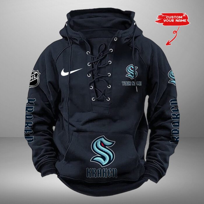 Seattle Kraken NHL Swoosh Hooded Lace Up Retro Vintage Hoodie Custom Name