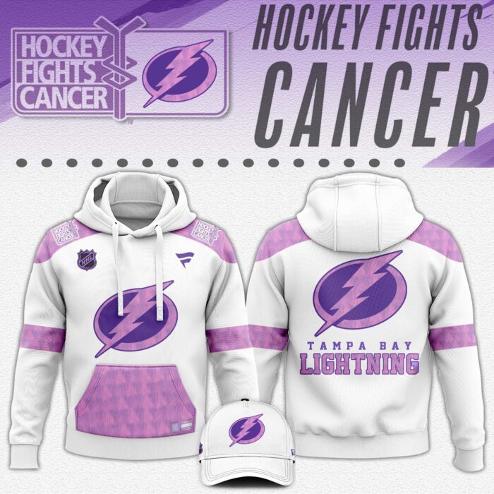 Tampa Bay Lightning x Hockey Fights Cancer White Unisex Hoodie Cap Joggers Set 2024/25 HCJ1330